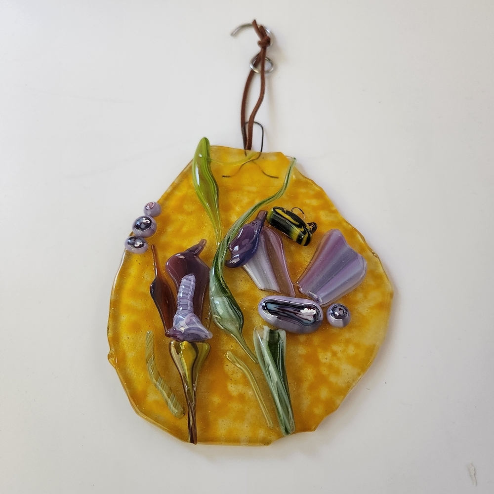 Artistic Yellow and Purple Glass Suncatcher Wall Hanging